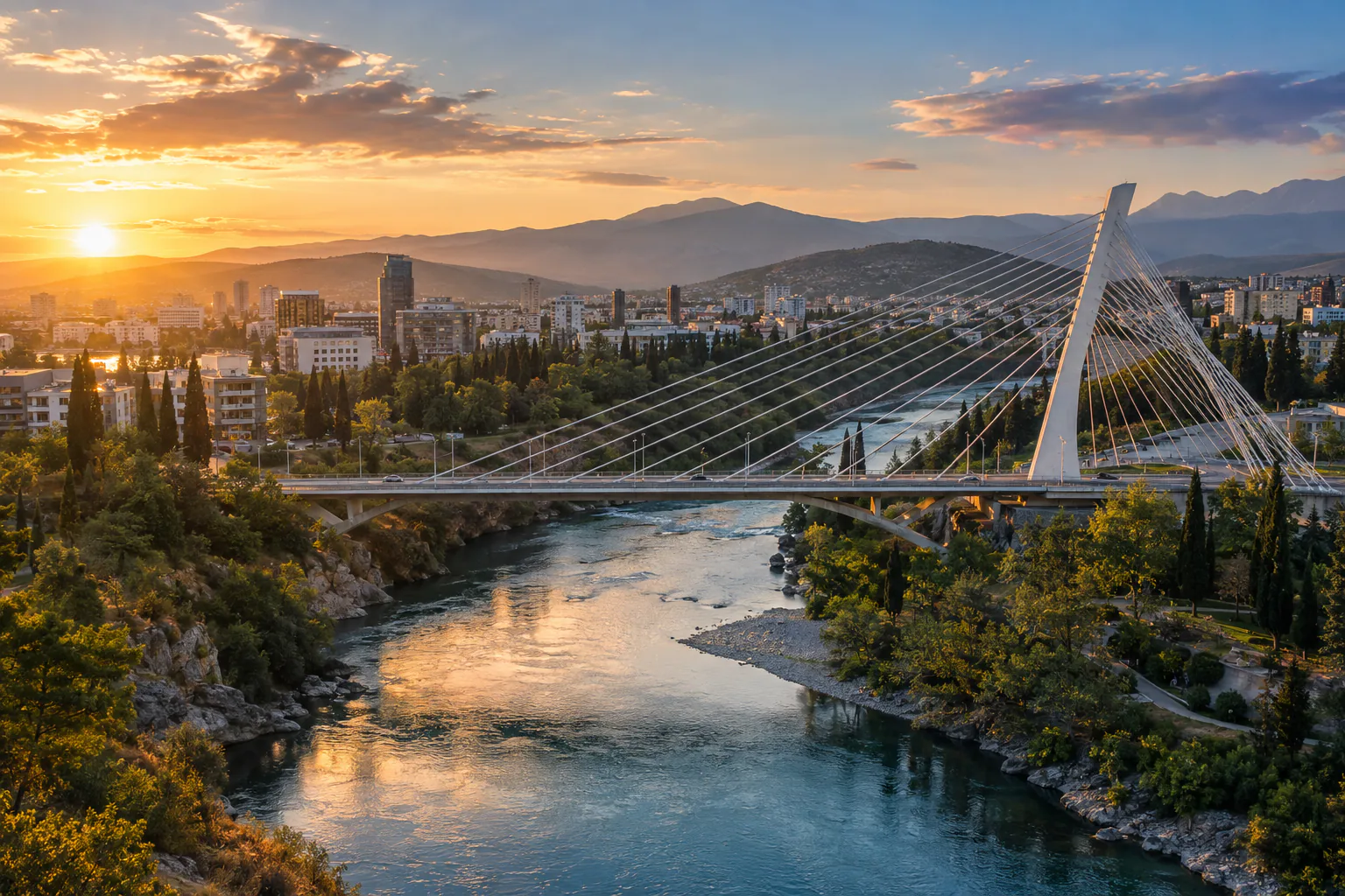 Panorama Podgorice i Milenijumskog mosta u zalazak sunca
